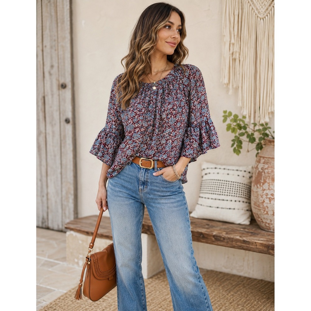 Cowgirl Hardware Women's Large Floral Peasant Blouse Boho Western Ruffle Top